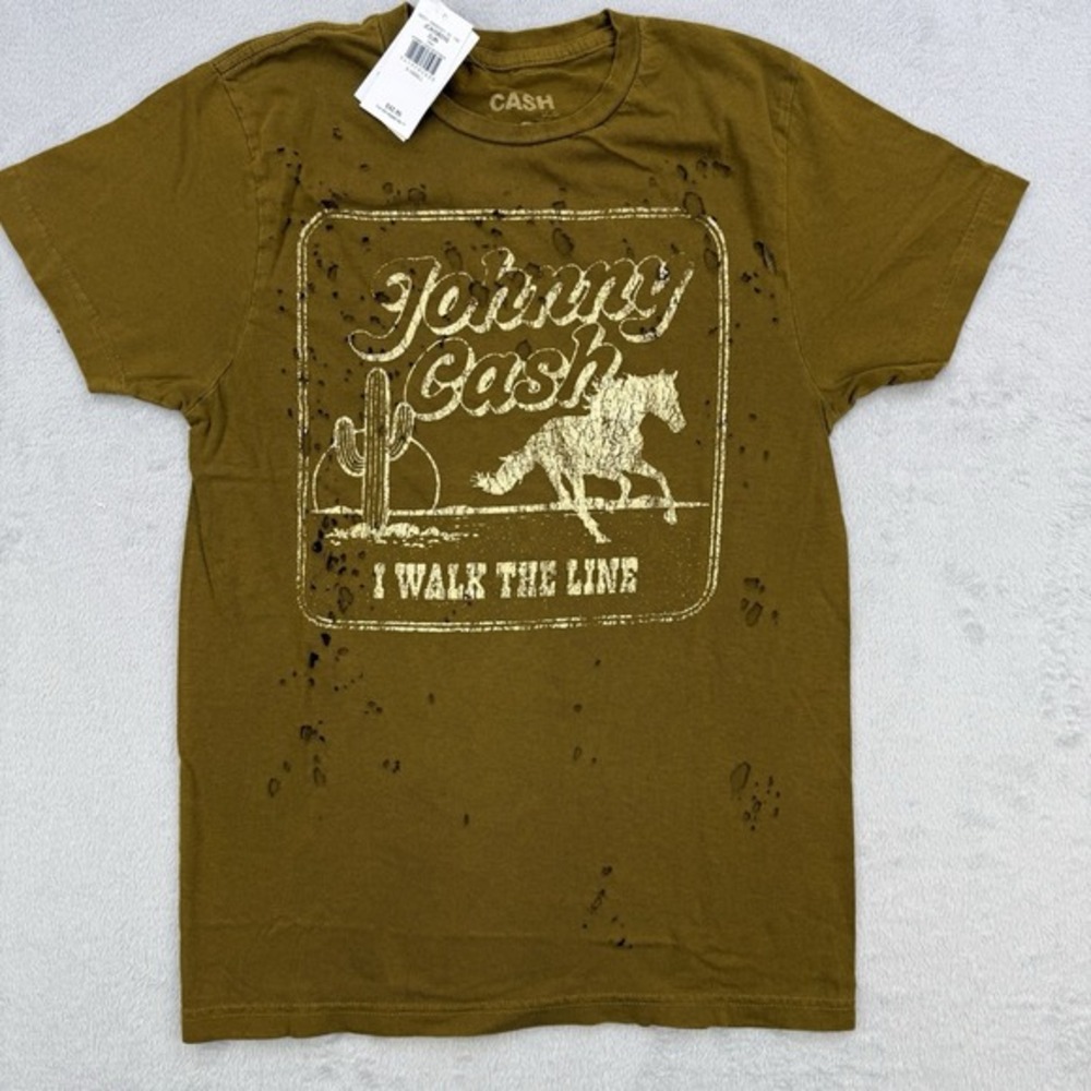 Johnny Cash I Walk the Line Graphic T Shirt‎ Womens XS Brown Thrashed